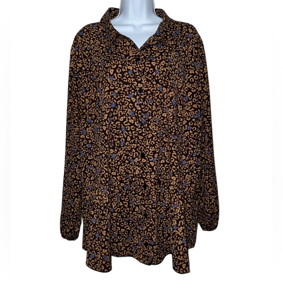 LOGO by Lori Goldstein Tops - LOGO by Lori Goldstein Women's Brown Animal Print w/Blue Flowers Blouse- Size XL